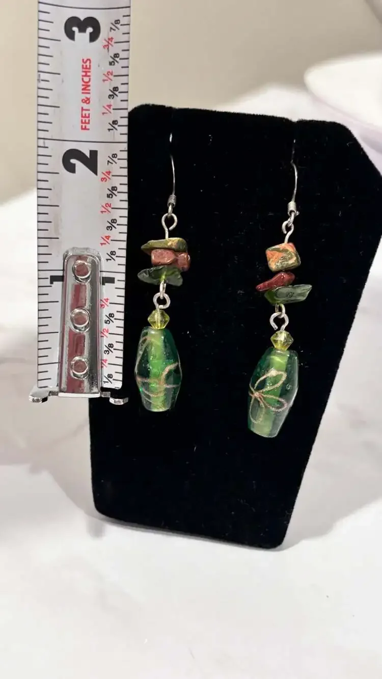 Handcrafted Green Glass Bead Dangle Earrings